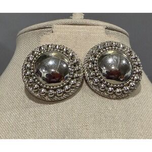 Silver Tone Domed Center Textured Beaded Rim Clip On Earrings Vintage Statement